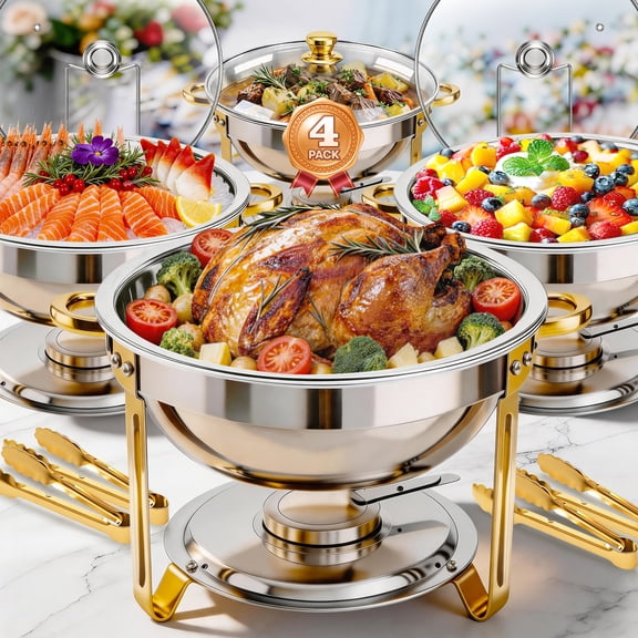 BAOKALER Chafing Dishes for Buffet 4 Pack, 5.3QT Round Chafing Dish Buffet Set for Parties, Gold Stainless Steel Buffet Servers and Warmers with 4 Serving Tongs