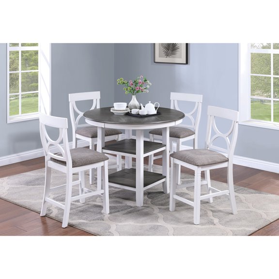 Modern 5 Dining , Counter Height, White Table, Cushioned Seating, Storage Height Dining, Round Table With Storage, 4 Chairs