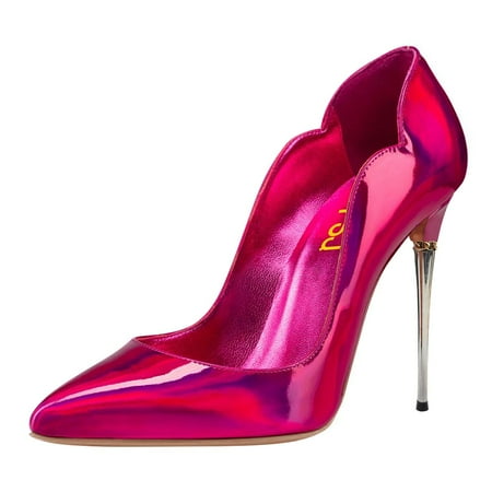 FSJ Women Fashion Metal Stilettos High Heels Closed Pointed Toe Pumps Slip On Party Wedding Daily Wear Dressy Shoes Size 15 Fuchsia