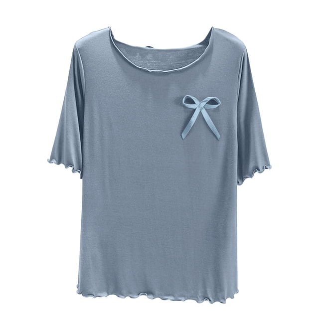 Camisas de Cuello de la Tripulación de Manga Corta para las Mujeres de Color Sólido Casual Delgado, Base de Casa Pijama Superior Poliéster