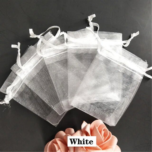 Bolsas de Organza de regalo de Navidad, embalaje de joyería, recuerdo de fiesta de boda, blanco, 7x9, 9x12, 10x15, 13x18cm, 6z, 50 unidades