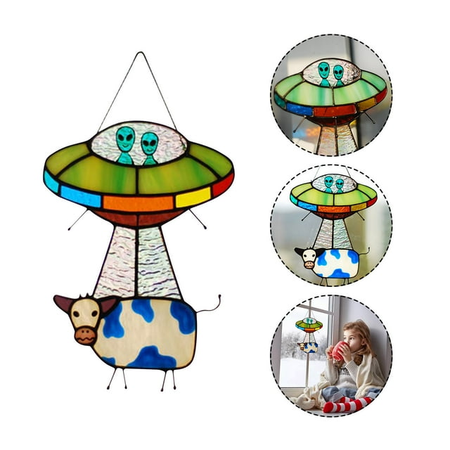 Meitianfacai Painted UFO Pendant Cow Stained Glass Window Panel For Door Hanging Garden Home Decoration Window Panel