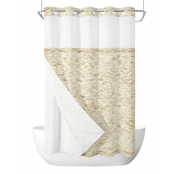 No Hook Shower Curtain with Snap-in Liner, Beige Flowers Waterproof Fabric Bathroom Curtains, Spring Floral Farmhouse Retro Art Bath Curtains & Mesh Top Window Narrow 36"x78"