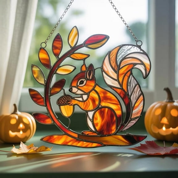 Squirrel Acrylic Suncatcher Autumn Forest Window Hanging, Cute Woodland Sun-Catcher Decor