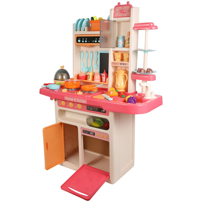 Kitchen Playset for Kids, Pink Kitchen with Realistic Lights