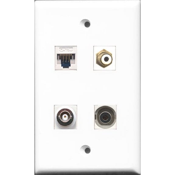 RiteAV 1 Port RCA White and 1 Port 3.5mm and 1 Port BNC and 1 Port Cat5e Ethernet White Wall Plate