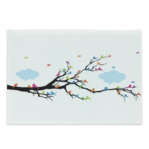 Colorful Cutting Board, Winged Birds Sitting and Tweeting on the Leafless Winter Tree with Fluffy Clouds, Decorative Tempered Glass Cutting and Serving Board, Large Size, Multicolor, by Ambesonne