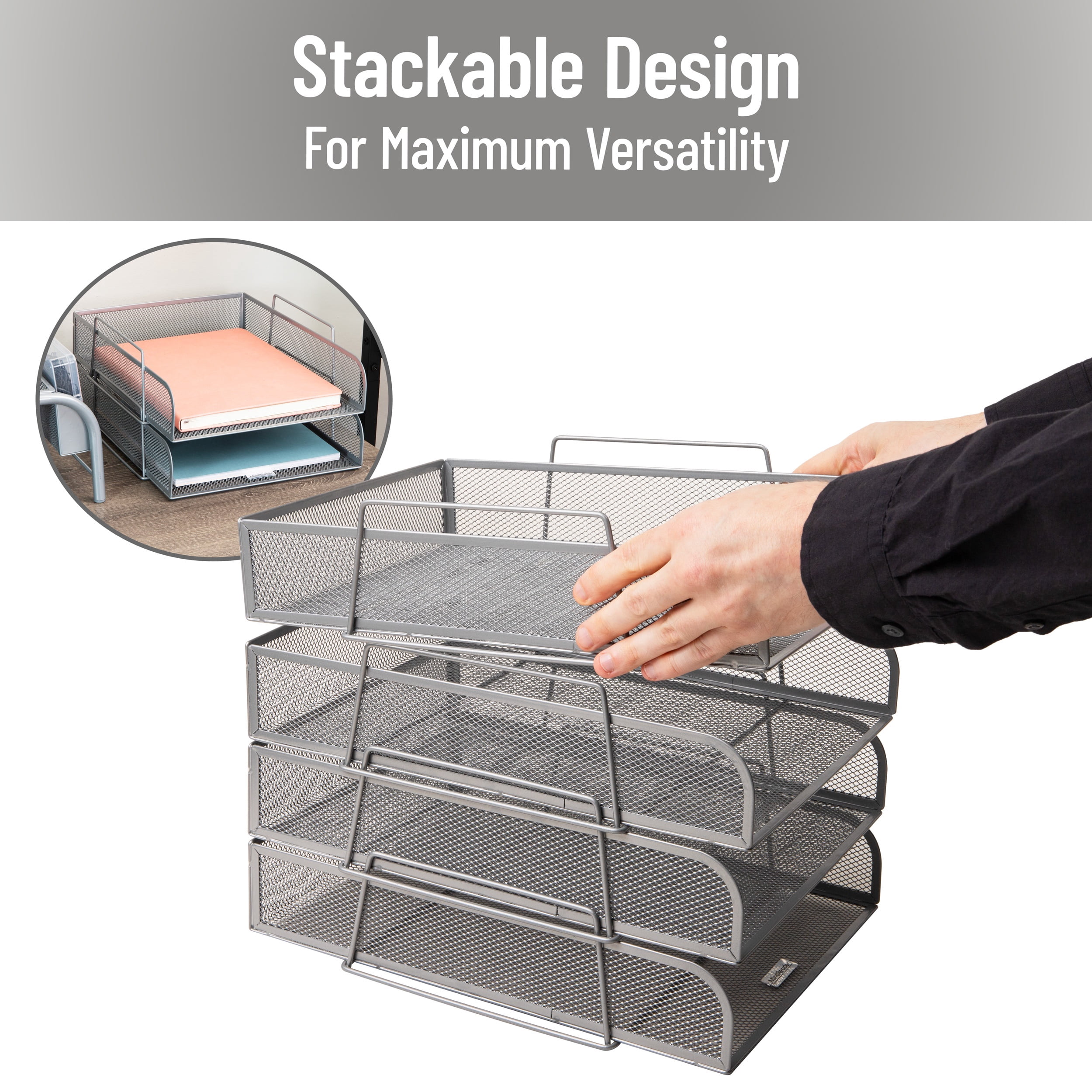 Mind Reader Stackable Paper Tray, Desktop Organizer, File Storage, Office, Metal Mesh, 10.5"L x 13.5"W x 11.25"H, 4 Pcs., Silver