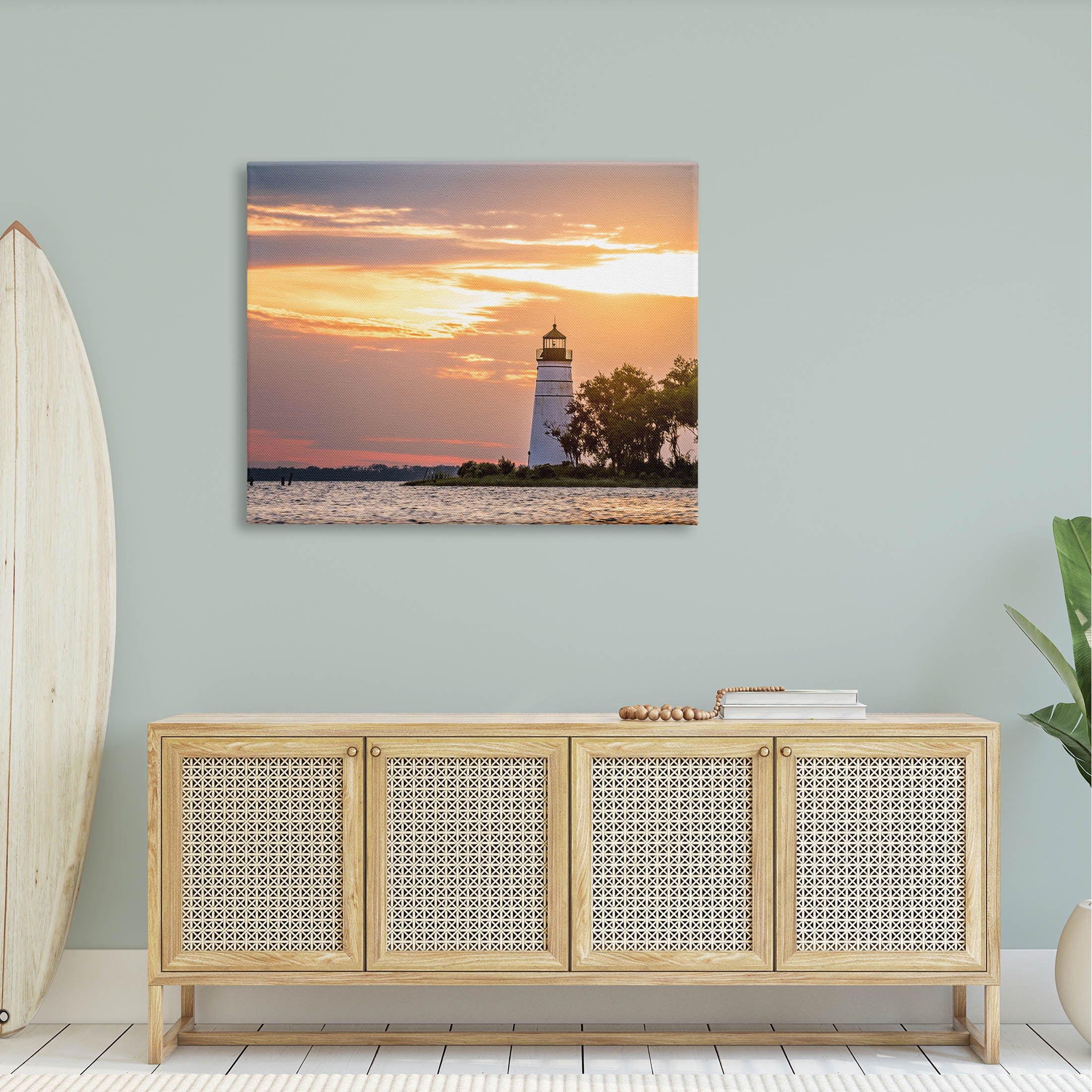Nautical Lighthouse Sunset Horizon Coastal Photograph Gallery Wrapped Canvas Print Wall Art