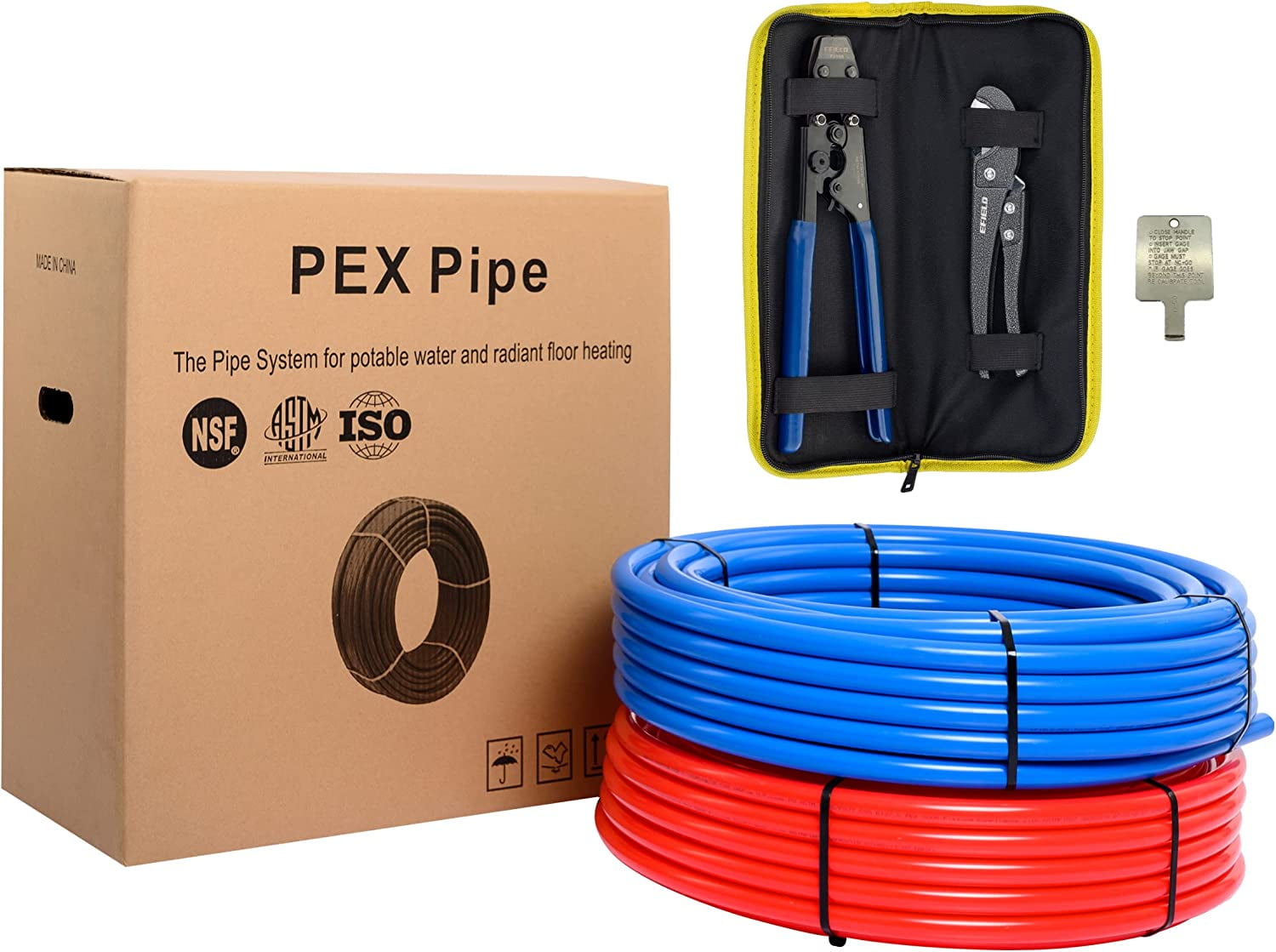 EFIELD Pex-b Pipe Tubing/Tool Combo Blue & Red 3/4 Inch 2x 100 Ft Rolls ...