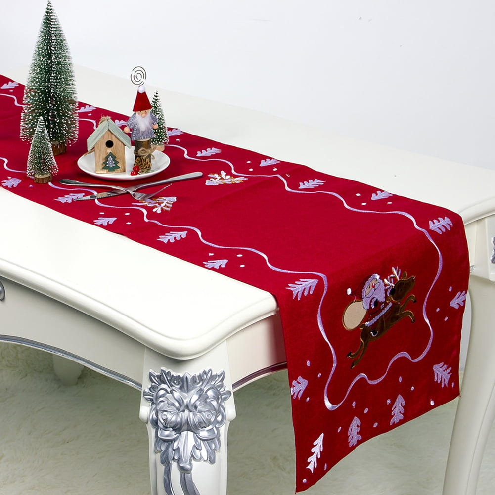 Christmas Table Runners Placemats Tablecloths Red Reindeer Embroidery Beige 