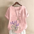 thumbnail image 2 of LEKWK Womens Linen Blouse Lavender Flower Print Basic Tees Short Sleeve Cute Tops Side Button Crew Neck Garden Nature Outfits, 2 of 5