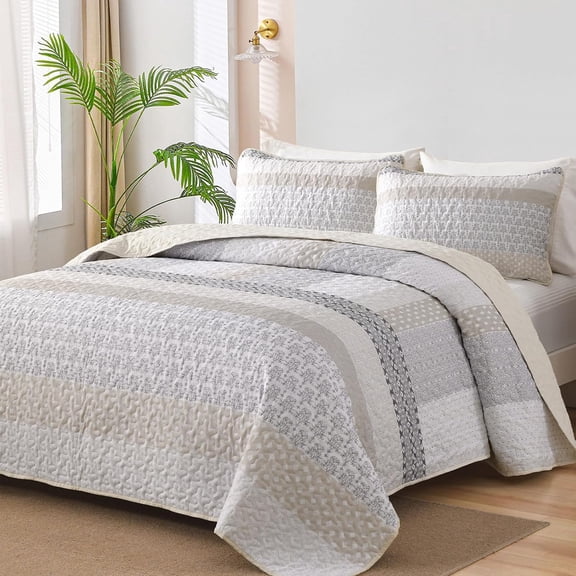 Beige King Size Boho Striped Plaid Quilt