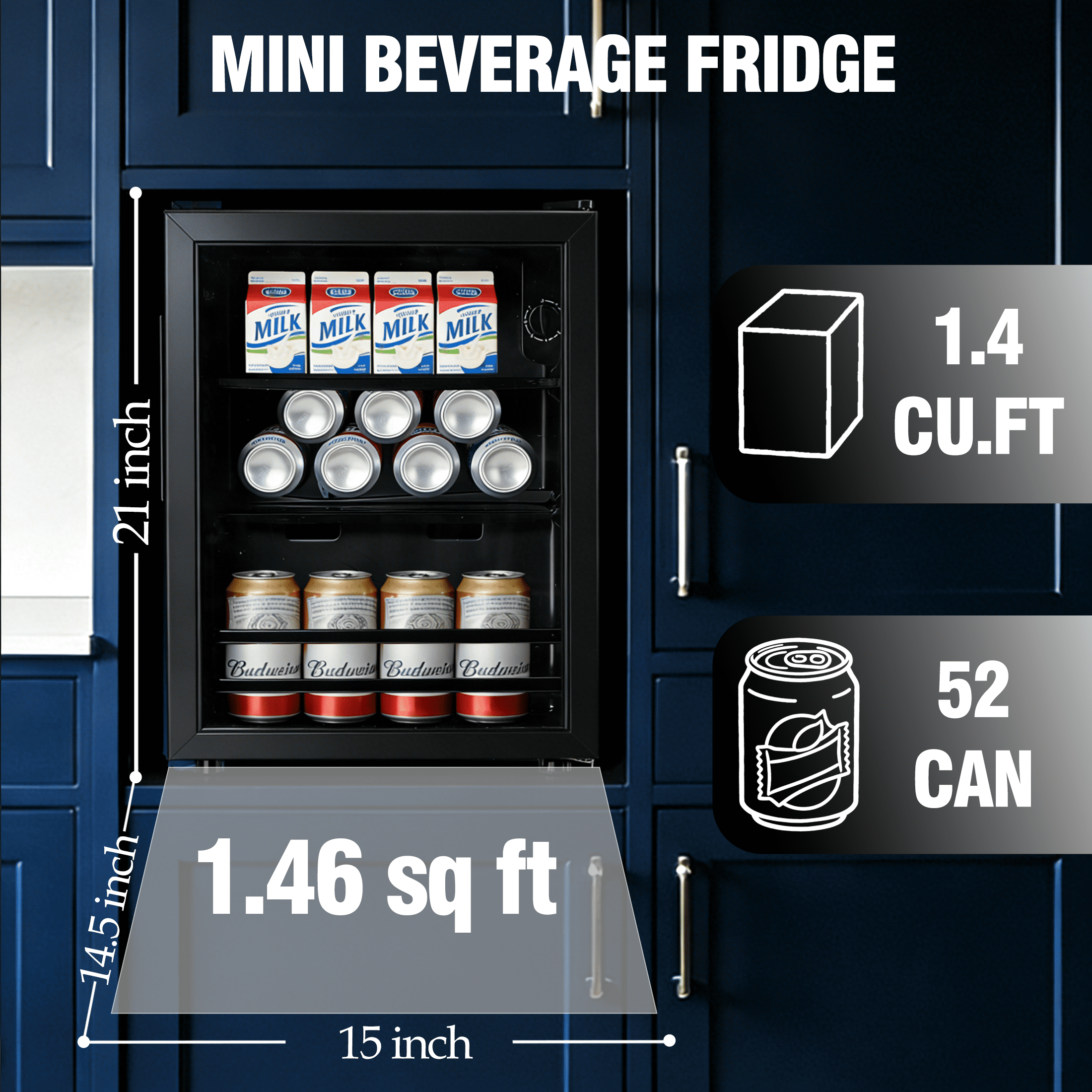 CALLIEVER 1.4 Cu.Ft Beverage Refrigerator, 52 Can Mini Fridge with Double Glass Door, 2 Adjustable Shelves, 38dB Quiet 7-Level Temp Control, Energy Saving 0.4kWh/day for Gaming Room Kitchen Bar Offic