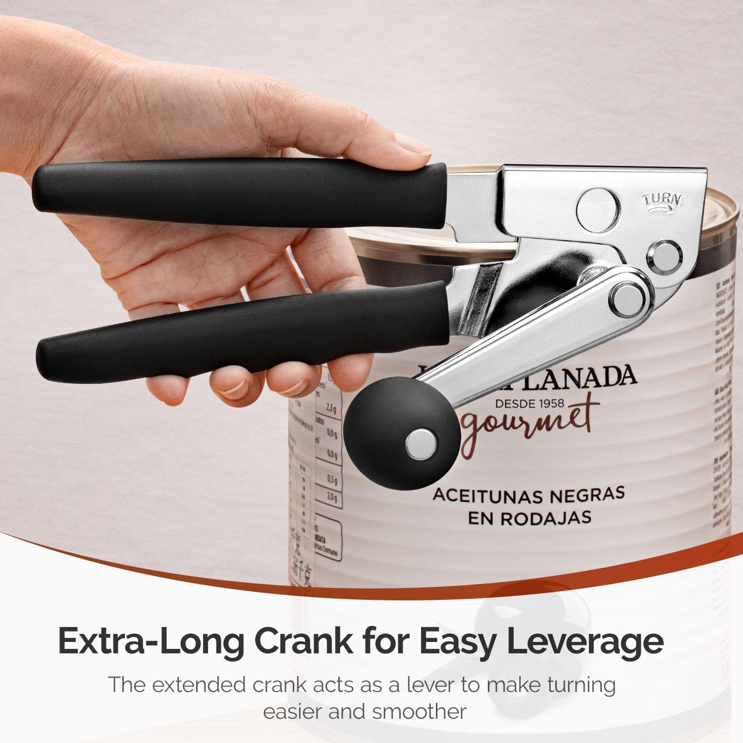 13556040584 Hand Crank Can Opener Manual Heavy Duty, Commercial Can Openers with Ergonomic Rubber Coated Extra-Long Handles, Oversized Knob, Large Can Opener for Big Cans, Black