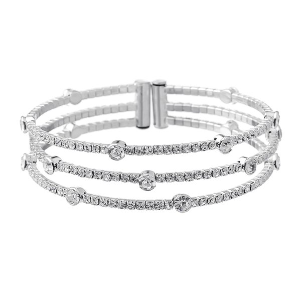 Pulsera elástica de cristal con adorno de mano para mujer, brazalete abierto (plata)