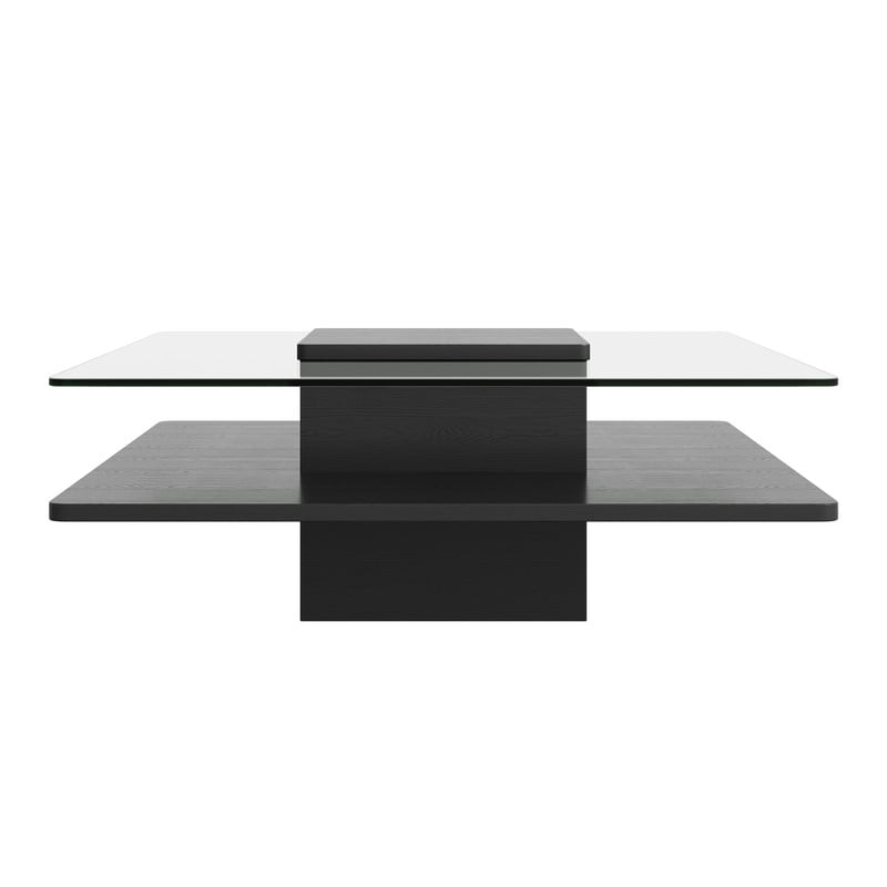 31.5''W Square Cocktail Coffee Table with Clear Tempered Glass Top, 2-Tier Accent Center Table with Open Storage Shelf