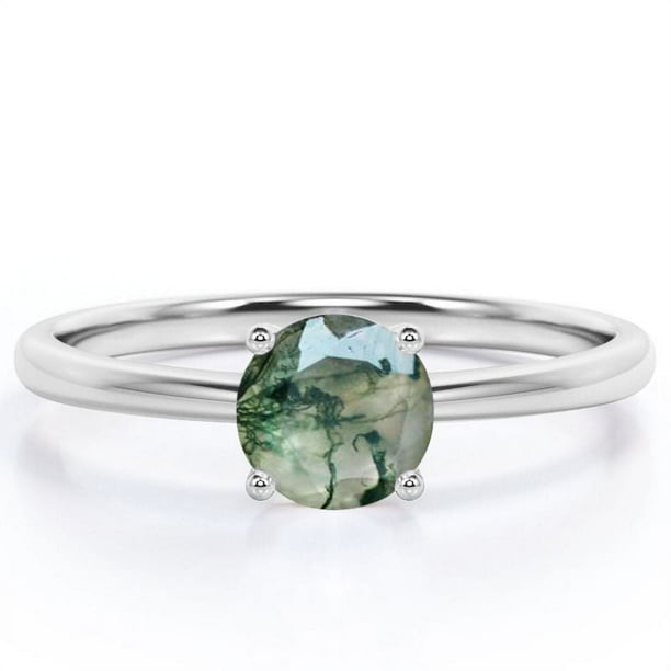 JeenMata Anillo de Compromiso de 1 Quilate con Forma de Catedral de una Sola Piedra, de Ágata Verde Musgo Dendrítica Transparente Natural, con Engaste de 4 Puntas en Oro Blanco de 18 K sobre Plata