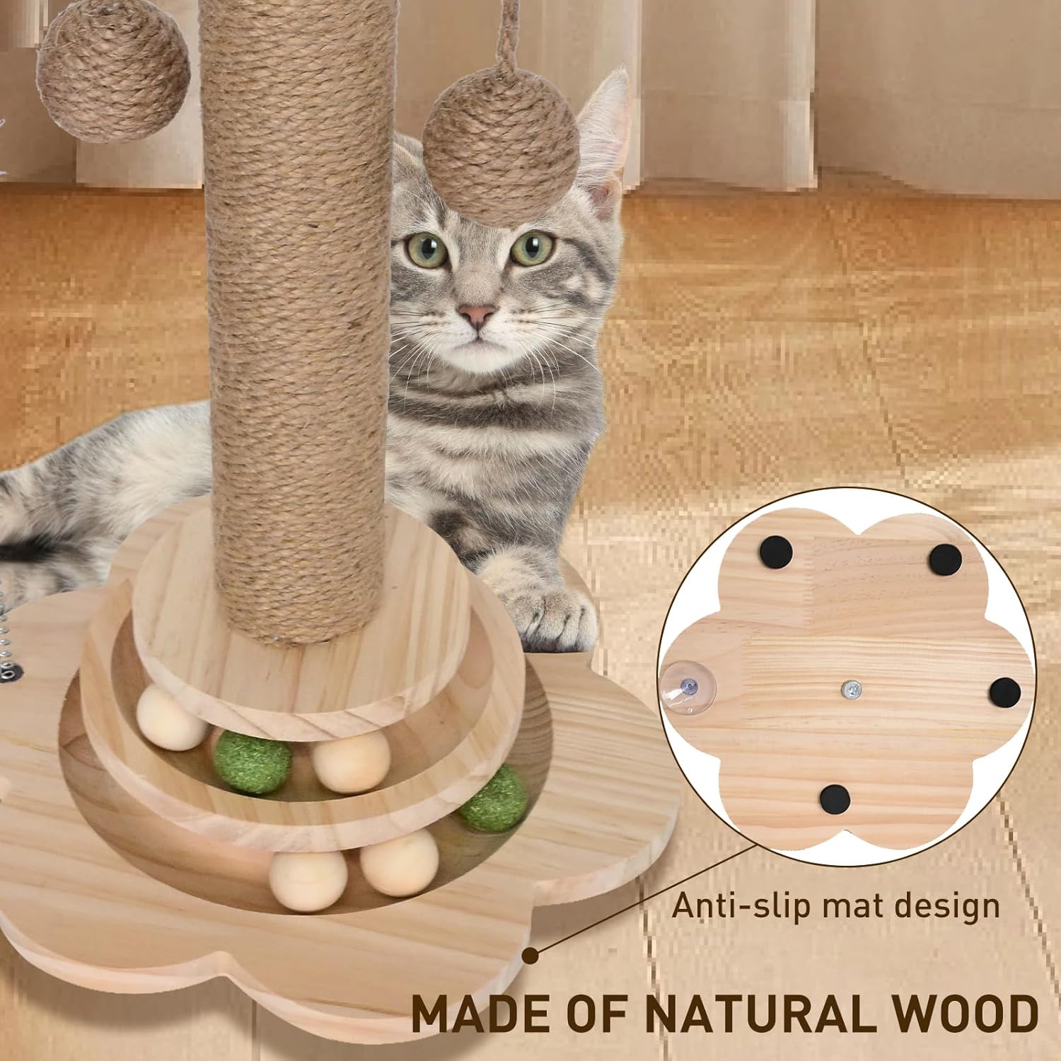 LTS EMIRA Cat Scratching Post, 4 in 1 Wooden Cat Scratcher Toy, 19.6" Tall Scratch Post with 2 Level Cat Track Balls, Interactive Feather Toy and 2 Sisal Hanging Balls for Indoor Kittens, Adult Cats
