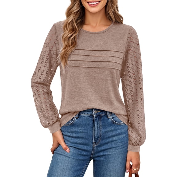 UVN Blouses for Women Dressy Lace Pleated Tunic Tops Casual Long Sleeve Fall Shirts