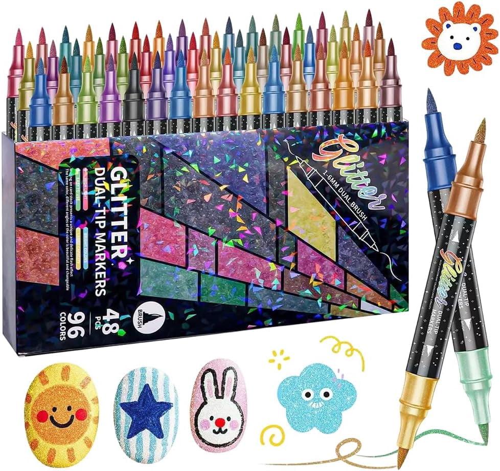 24/48/72/96 Colors Glitter Effect Brush Markers, 2026 New Glitter Dual Tip Markers, Professional Glitter Paint Pens Set for Adult Coloring Books, Journals, Card Making & DIY Crafts (24 Colors)