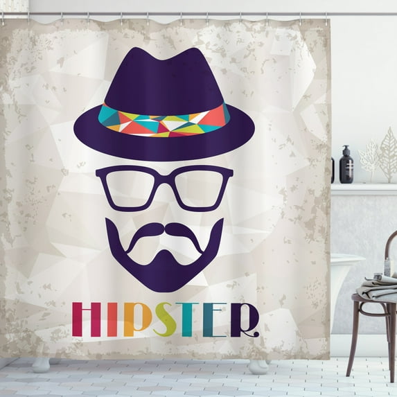 Hipster Shower Curtain, Abstract Man in a Hat Portrait with Glasses Mustache and Beard on Grunge Background, Fabric Bathroom Set with Hooks, 69W X 70L Inches, Multicolor, by Ambesonne