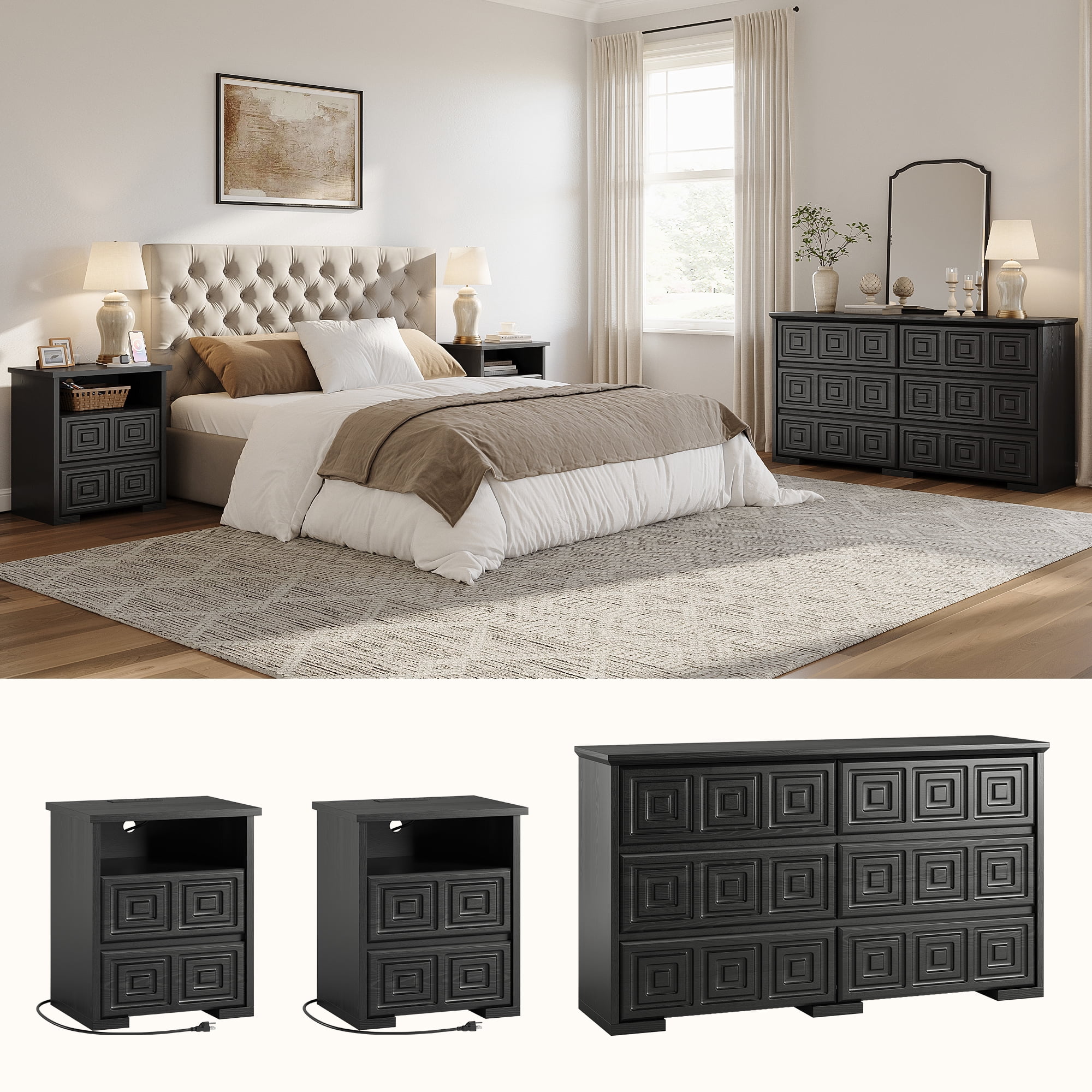 Aufeile Farmhouse Dresser for Bedroom, 54" Wide 6 Drawer Dresser with Carved Panels, Rustic Wooden Chest of Drawers, Long Bedroom Dresser Storage Cabinet for Living Room, Black