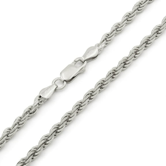 925 Italian Sterling Silver 3.5mm Solid Rope Diamond Cut Chain, FREE Microfiber Cloth, Rhodium Link Mens Womens Necklace, Giorgio Bergamo