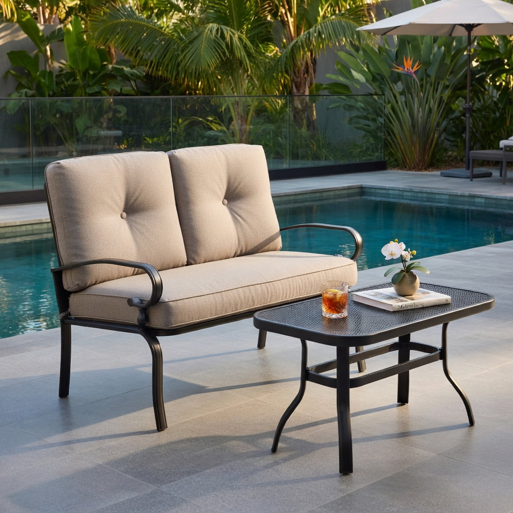 Hommoo 2-Piece Outdoor Patio Loveseat & Coffee Table Set, Steel Frame with Cushions, Weather-Resistant Garden Bench Set for Balcony, Poolside, or Living Room, Beige