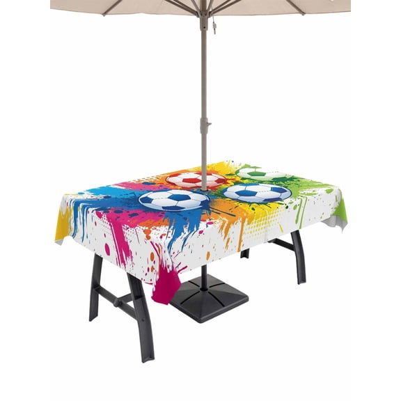 Outdoor Tablecloth with Umbrella Hole for Patio/Picnic/Party/Camping, Colorful Soccer Waterproof Table Cloth Rectangle Table Cover Washable, Football Ink Wash Creative Art (60"x 84")