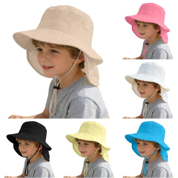 Krdevn Solid Neck Flap Kids Fisherman Sun Hat Adjustable Chin Strap UPF 50 Breathable Outdoor Beach Cap for Toddler Boys Girls