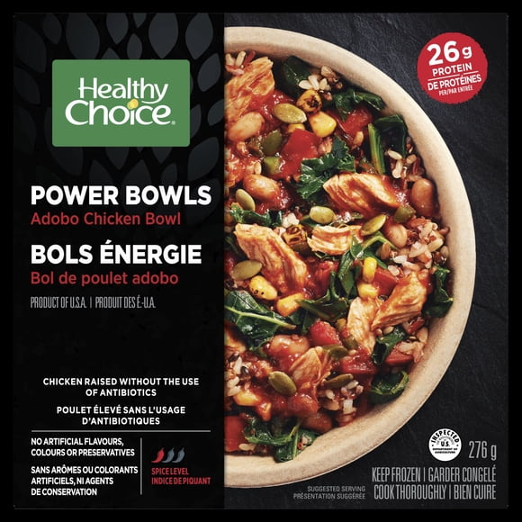 Healthy Choice Bols Énergie Bol de poulet adobo avec poulet assaisonné, riz brun, quinoa, haricots noirs, maïs, poivrons rouges, légumes verts foncés et sauce adobo Repas surgelé, 276g