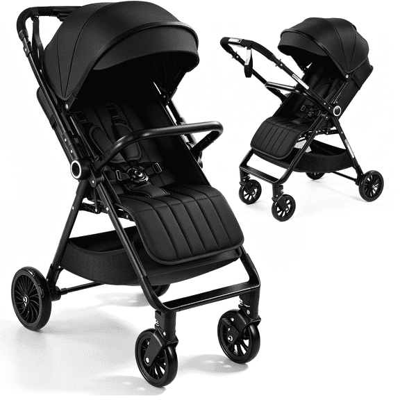 Vomeast Lightweight Stroller, Foldable Baby Stroller with Reversible Handle & One-Hand Fold for Travel, Black