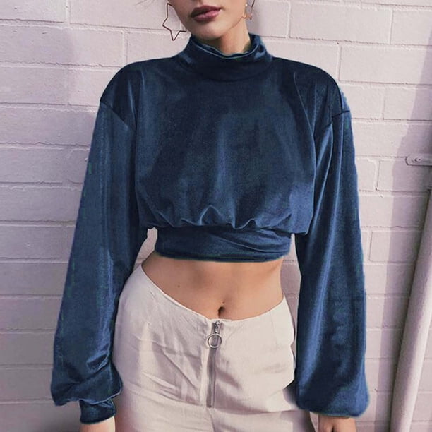 Pntutb Mujer Otoño e Invierno Nueva Moda Europea y Americana Pantalones Cortos de Terciopelo de Cuello Alto Recortado Ombligo Delgado Suéter Delgado Top de Manga Larga Pntutb Pntutb-2961