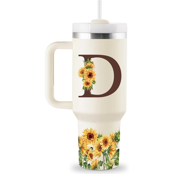 Birthday Gifts for Women - Sunflower Monogrammed 40 oz Tumbler with Handle & Straw - Sunflower Gifts for Women - Personalized Gifts for Mom, Wife, Sister, Friend, Coworkers - Initial Sunflower Cup