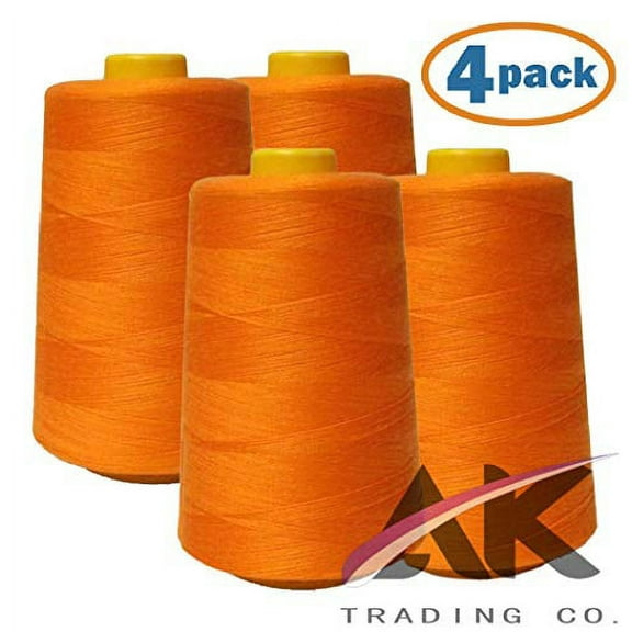 AK Trading 4-Pack Orange All Purpose Sewing Thread Cones (6000 Yards Each) of High Tensile Polyester Thread Spools for Sewing, Quilting, Serger Machines, Overlock, Merrow & Hand Embroidery.