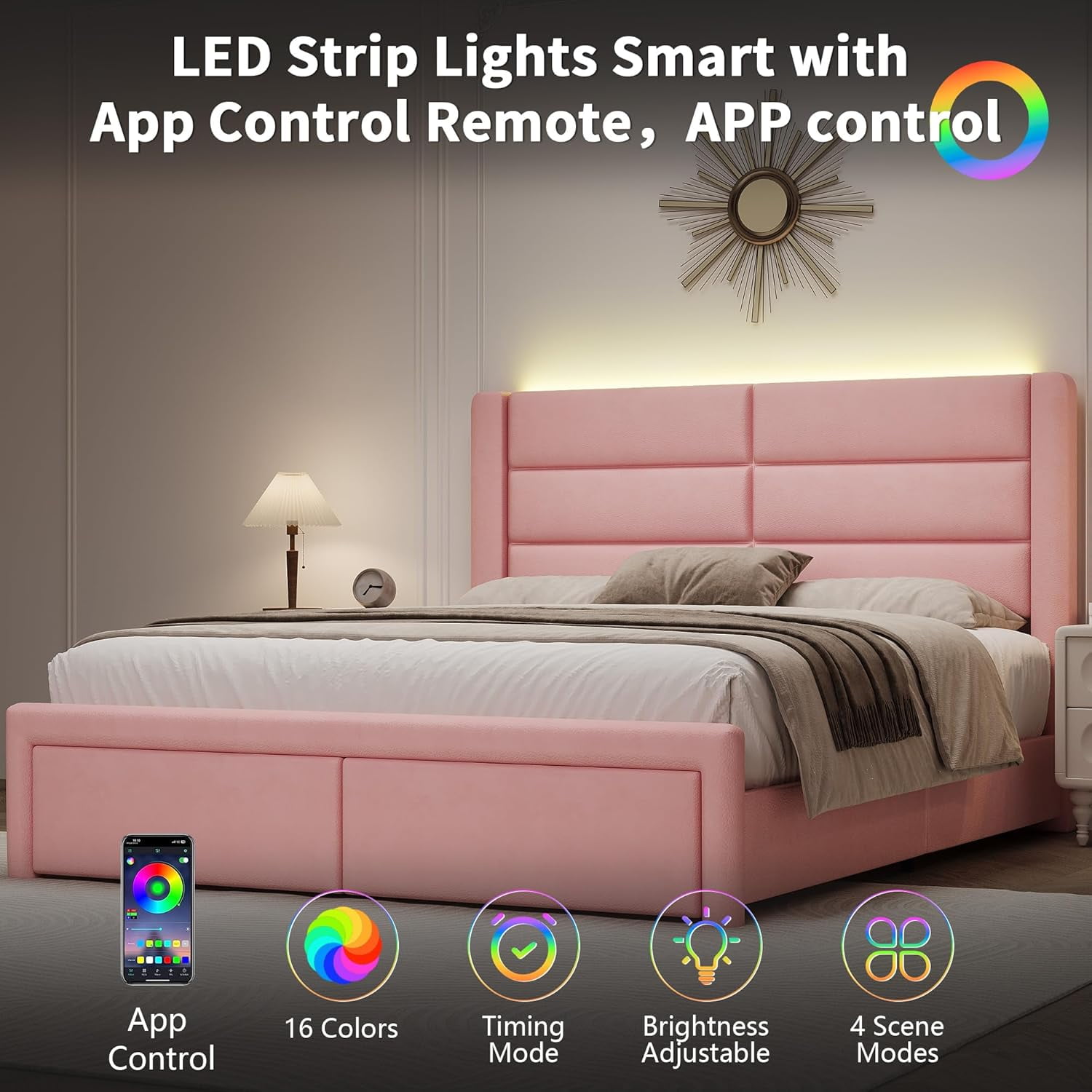 4 EVER WINNER Full Bed Frame with LED Light, Modern Upholstered Platform Bed Frame Headboard and Footboard, Pink Full Size Bed Frame, Pink