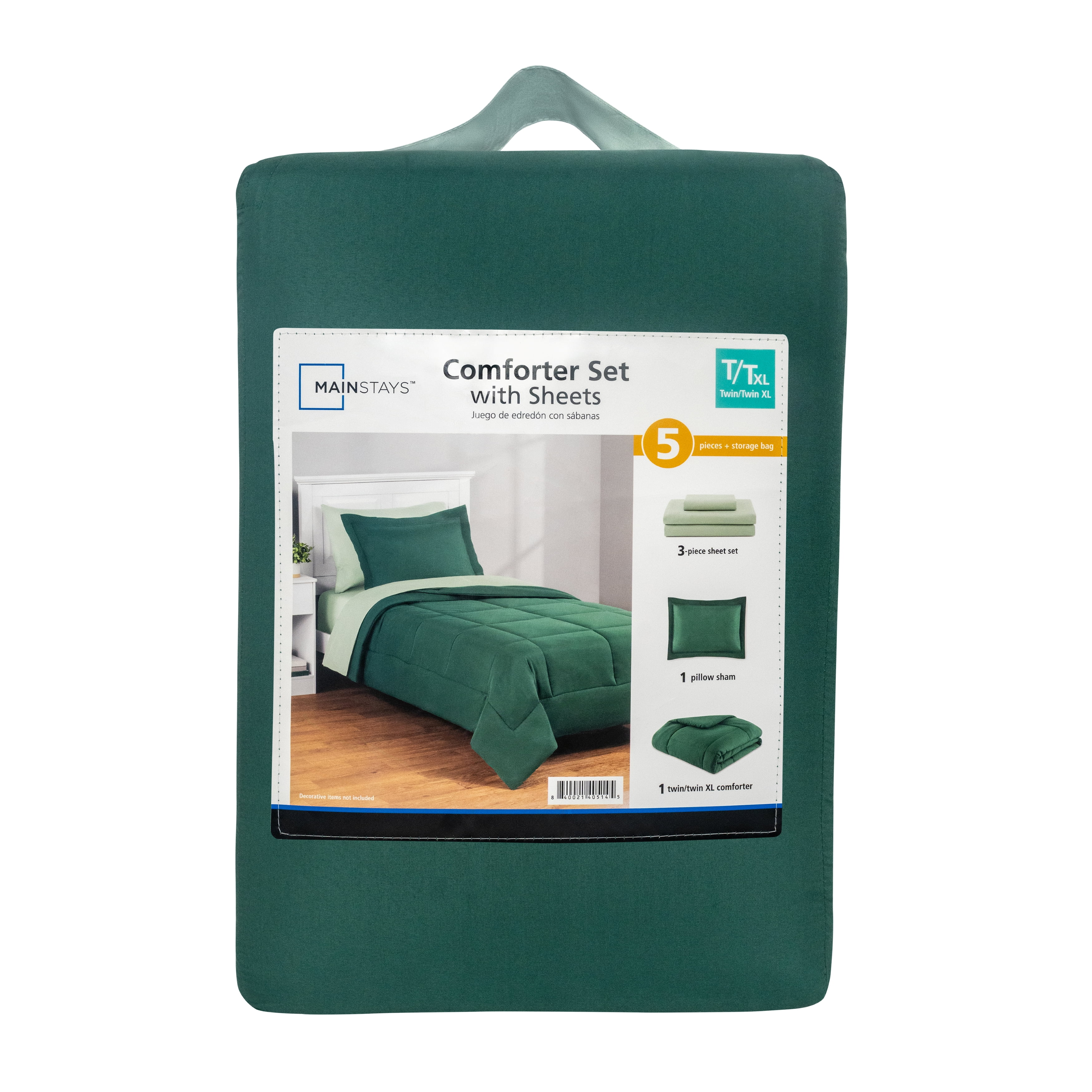 Mainstays All in One Reversible Comforter and Sheet set- 5 Piece, Twin, Green