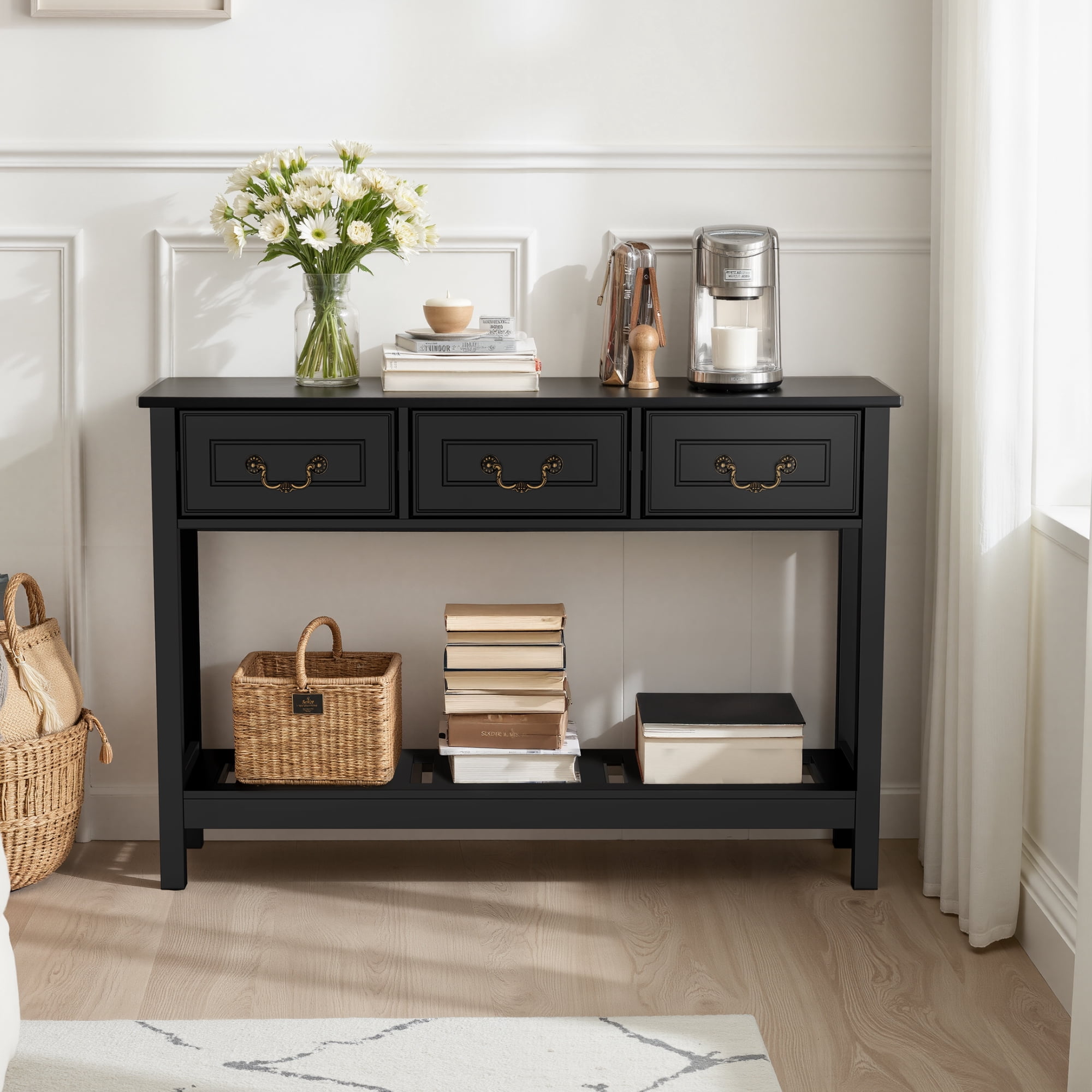 SPANSPACE Farmhouse Console Table with 3 Drawer, 47'' Entryway Table with Open Storage Shelf, Narrow Long Sofa Table for Living Room, Hallway, Behind Soft, Couch , Black
