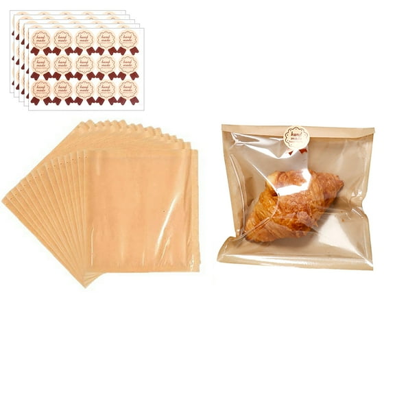 100 Pcs Cookie Packaging Bags with Seal, 7.3 x 7.9 Inch Bakery Pastry Bags with Window, Heat Sealable Grease Resistant Paper to Go Bake Sleeves for Gift Giving Donut Bread Sandwich