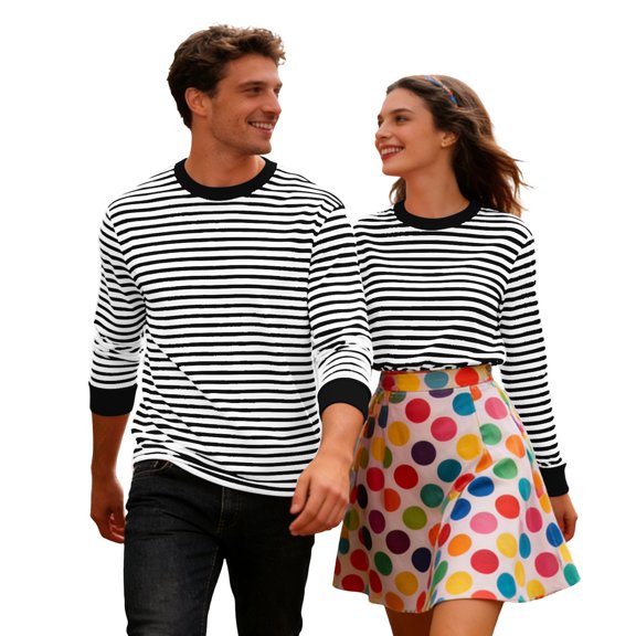 XIAONU Long Sleeve Tees For Couples Striped Pattern Tops Lightweight Casual Outing Shirts