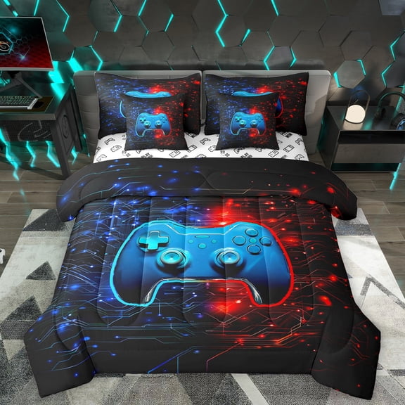 Homewish Gamer Gaming 7-Piece Twin Bedding Sets,Abstract Geometric Stripe Bedding Comforter Set,Gradient Red Blue Sheet Sets For Boys Teens,Microfiber Bedroom Decor Reversible
