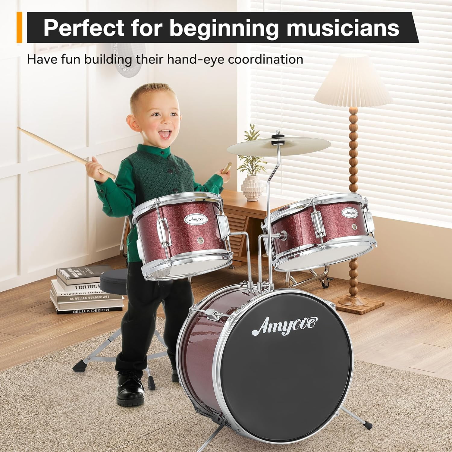 3 Piece Kids Drum Set With Cymbal-2 Drumsticks-Pedal-2 Toms-Throne Stool-Musical Instruments For Boys And Girls,Red