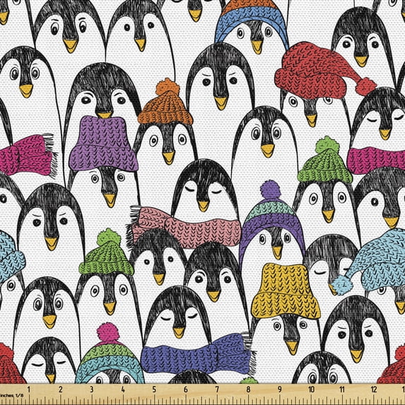 Sea Animals Fabric by the Yard, Pattern Penguins in Colorful Hats and Scarfs Cold Winter Fun Art, Decorative Upholstery Fabric for Chairs & Home Accents, 5 Yards, Multicolor by Ambesonne