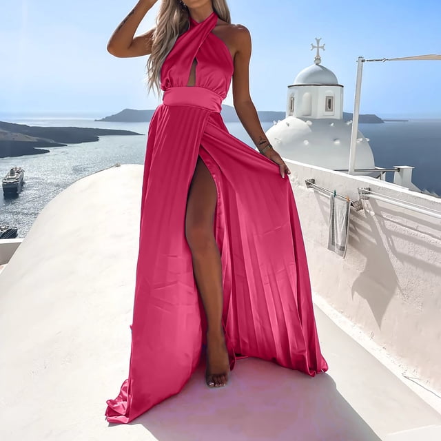 Gspmoly Robe pour Femmes, Robe d'Été Aguichant Unie Sans Manches à Fente au Cou avec Ourlet, Longues Robes, Robes Formelles pour Femmes, Cadeaux de Vacances