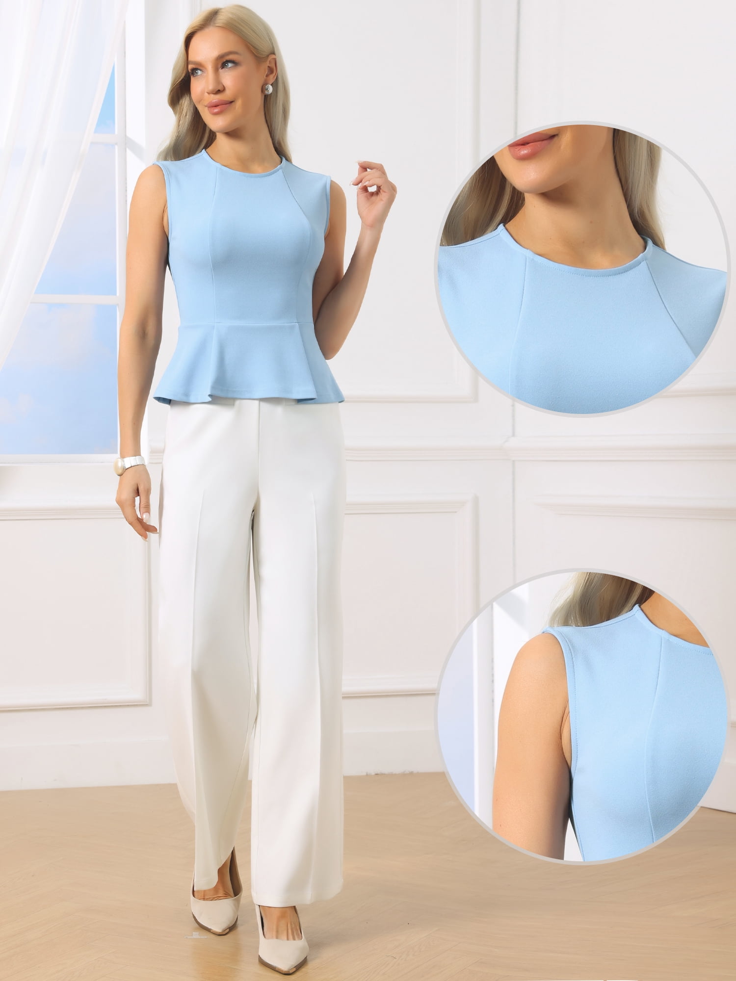 DARING DIVA Women's Peplum Crew Neck Sleeveless Babydoll Vest Blouses M Grey Blue