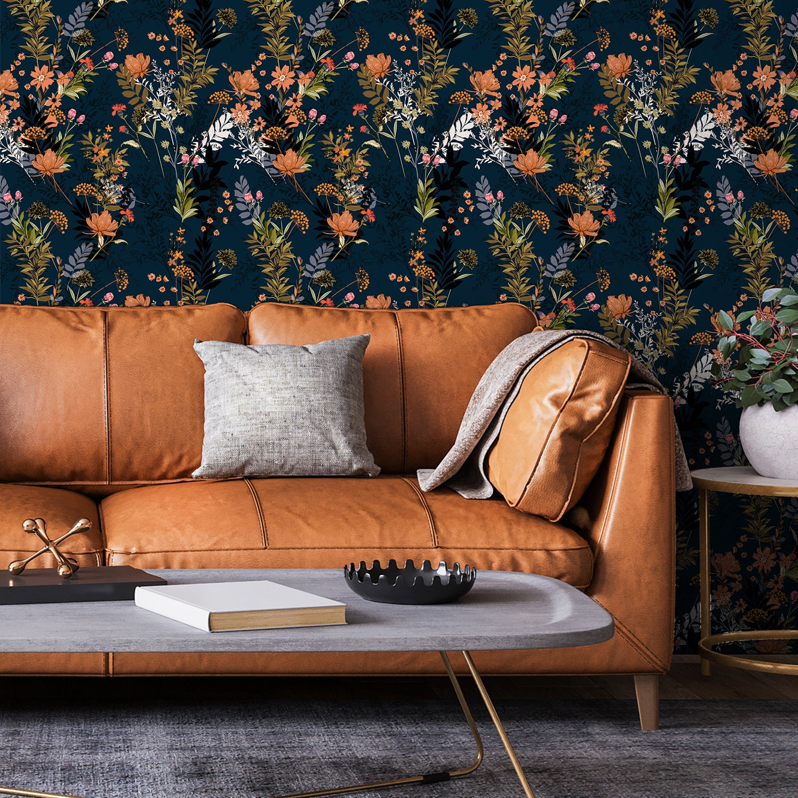 Navy Blue Tropical Peel And Stick Wallpaper - Swan & Palm Leaves Design, 17.7" X 118", Removable