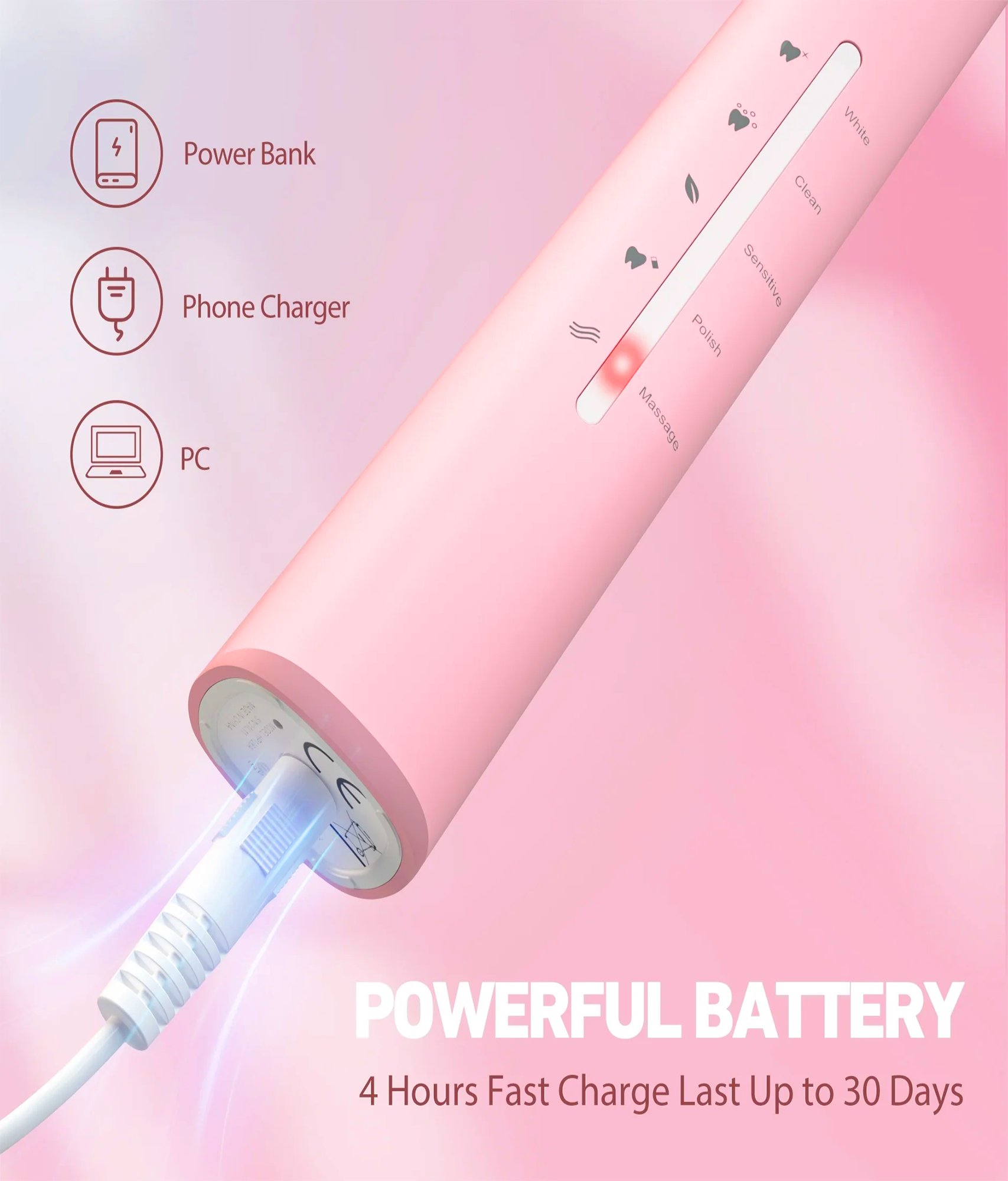 Homitt Electric Toothbrush with 8 Brush Heads, Pink photo 2