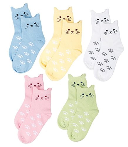 Maiwa Cotton Novelty Cat Slight Seam Socks 5 Pack for Girls Children 