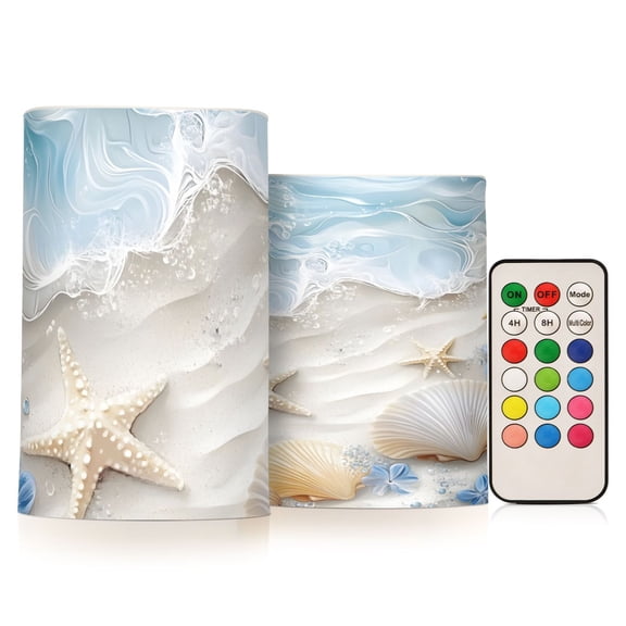 Seashell Starfish Flickering Flameless Candles Battery Operated with Remote Timer LED Pillar Candles Set of 2